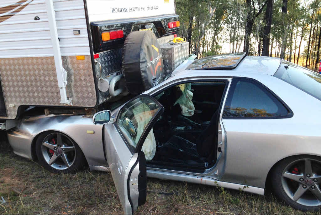 MILLIMETRES IN IT: An Emerald woman and her boyfriend escaped serious injury in this crash on the Capricorn Hwy last month. MILLIMETRES IN IT: An Emerald woman and her boyfriend escaped serious injury in this crash on the Capricorn Hwy last month.